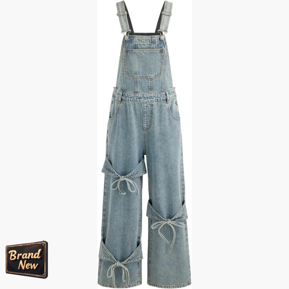 Denim Overalls Jumpsuit With Bow Knot And Pockets, Adjustable Straps